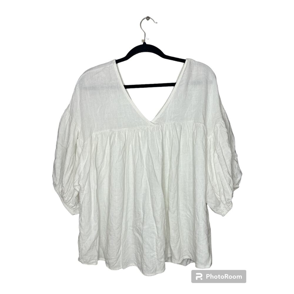 Ces Femme Boho Chic Oversized White V Neck Flowy Tunic Linen Blend Size Small